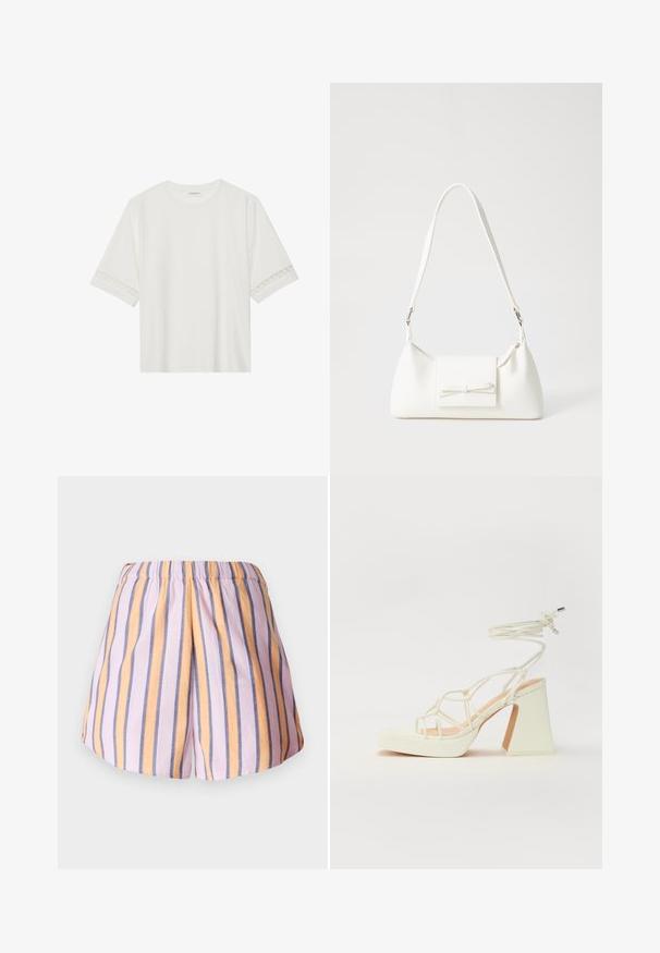 Hvit t-skjorte med kort erme laget av bomull, med dekorativ blondekant langs ermene og en rund halslinning.; Stripete shorts med rosa, oransje og blå vertikale striper, med elastisk midjebånd og myk stoffkvalitet.; Hvit høyhælte sandal med kraftig hæl, med en stroppe-design og ankelbånd. Glatt tekstur med plattform foran for ekstra høyde.; Hvit syntetisk håndveske med trekantet form, flat klaff foran og sløyfe detaljer, justerbar stropp, glatt tekstur og minimalistisk design.
