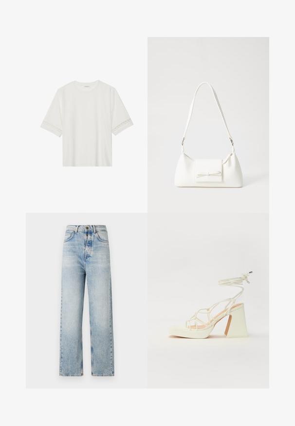 Bílé tričko s krátkým rukávem vyrobené z bavlny, s dekorativní krajkovou aplikací na rukávech a kulatým výstřihem.; Světlé modré džíny se střihy rovného nohavice, vyrobené z denimu. Mají pět kapes, zapínání na knoflík a mírné vyblednutí po celé ploše.; Bílé sandály na vysokém podpatku s robustním podpatkem, s designem s pásky a zavazováním kolem kotníku. Hladký povrch s platformou vpředu pro zvýšení výšky.; Bílá syntetická kabelka v trojúhelníkovém tvaru, s plochým předním klopným víkem a detailem mašle, nastavitelným popruhem, hladkým povrchem a minimalistickým designem.