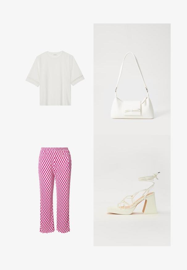 Bílé tričko s krátkým rukávem vyrobené z bavlny, s dekorativní krajkovou aplikací na rukávech a kulatým výstřihem.; Růžové a bílé kostkované kalhoty s elastickým pasem, zkrácená délka a mírně volánkový lem. Vyrobené z lehké, žebrované tkaniny.; Bílé sandály na vysokém podpatku s robustním podpatkem, s designem s pásky a zavazováním kolem kotníku. Hladký povrch s platformou vpředu pro zvýšení výšky.; Bílá syntetická kabelka v trojúhelníkovém tvaru, s plochým předním klopným víkem a detailem mašle, nastavitelným popruhem, hladkým povrchem a minimalistickým designem.
