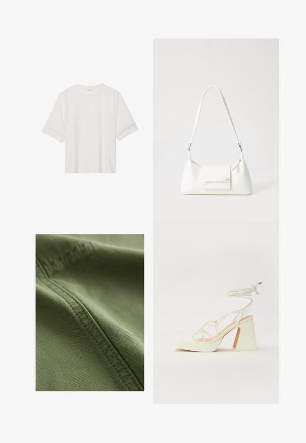 Biała, krótka koszulka z bawełny z dekoracyjnym koronkowym wykończeniem przy rękawach i okrągłym dekoltem.; Next - Szorty jeansowe; Biała sandał na wysokim obcasie z masywnym słupkiem, z paskowym wzorem i wiązaniem przy kostce. Gładka faktura z platformą z przodu dla dodatkowej wysokości.; Biała syntetyczna torba o trójkątnym kształcie, płaskim przednim klapce i detalach w postaci kokardy, regulowanym pasku, gładkiej fakturze oraz minimalistycznym designie.