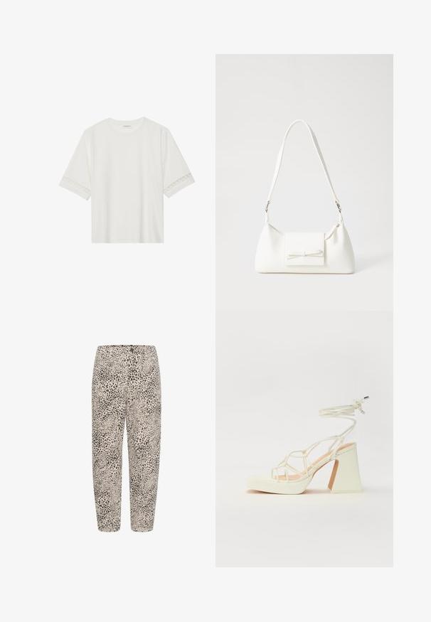Witte korte mouwen t-shirt van katoen, met een decoratieve kantafwerking langs de mouwen en een ronde halslijn.; Luipaardprint broeken met een beige achtergrond, voorzien van een elastische tailleband, rechte pijpen en een zachte stoftextuur.; Witte hoge hakken sandaal met een chunky hak, met een bandjesontwerp en enkelband. Gladde textuur met een plateau voor extra hoogte.; Witte synthetische handtas met een driehoekige vorm, platte voorklep en strikdetail, verstelbare schouderriem, gladde textuur en minimalistisch ontwerp.