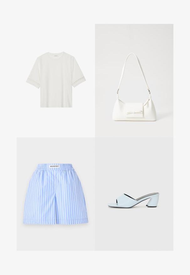 Fehér, rövid ujjas póló, pamutból készült, díszes csipkés szegéllyel az ujjak mentén és kerek nyakkivágással.; Világoskék rövidnadrág fehér függőleges csíkokkal, rugalmas derékkal, amelyen a "ROUGE EDIT" felirat található. Simává, könnyű anyag, laza fazonnal.; Világoskék, nyitott orrú, sarkú mules cipő geometrikus mintázattal, széles pánttal a lábfejen és tömzsi, szögletes sarkal.; Fehér szintetikus kézitáska, háromszög alakú, lapos előlap, masni részlettel, állítható pánttal, sima textúrával és minimalista dizájnnal.