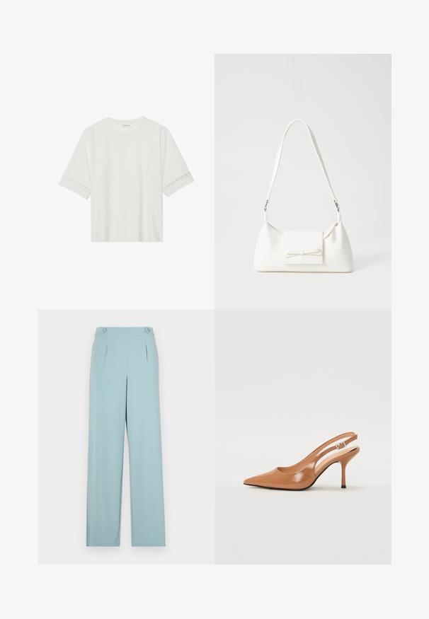 Witte korte mouwen t-shirt van katoen, met een decoratieve kantafwerking langs de mouwen en een ronde halslijn.; Lichtblauwe broek met een op maat gemaakt ontwerp, met plooien en knoopaccenten op de tailleband. Gemaakt van een gladde, lichtgewicht stof.; Puntige slingback hak in een glad, glanzend beige materiaal. Bevat een gebogen uitsnijdontwerp en een slanke stiletto hak. Zilveren gesp detail.; Witte synthetische handtas met een driehoekige vorm, platte voorklep en strikdetail, verstelbare schouderriem, gladde textuur en minimalistisch ontwerp.