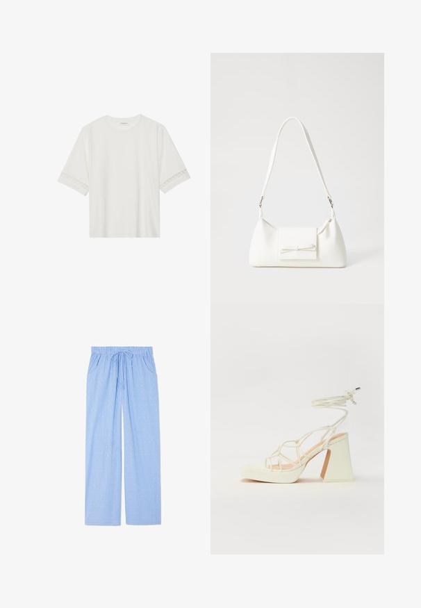 T-shirt branco de manga curta feito de algodão, com bainha de renda decorativa nas mangas e decote redondo.; Calças de pijama azuis com um padrão de riscas verticais e pequenos desenhos geométricos. Apresentam uma cintura elástica com cordão e bolsos laterais.; Sandálias brancas de salto alto com um salto robusto, apresentando um design com tiras e amarração no tornozelo. Textura suave com uma plataforma na frente para altura adicional.; Mala sintética branca com formato triangular, aba frontal plana e detalhe de laço, alça ajustável, textura suave e design minimalista.