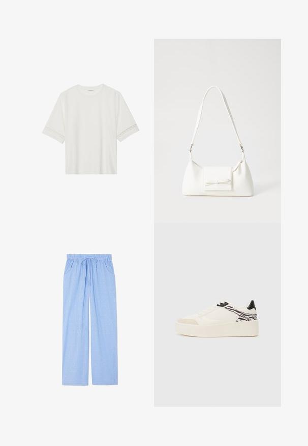 Witte korte mouwen t-shirt van katoen, met een decoratieve kantafwerking langs de mouwen en een ronde halslijn.; Blauwe pyjamabroek met een verticale gestreepte print en kleine geometrische ontwerpen. Voorzien van een elastische tailleband met een trekkoord en zijzakken.; Even&Odd Sneakers laag - white/black; Witte synthetische handtas met een driehoekige vorm, platte voorklep en strikdetail, verstelbare schouderriem, gladde textuur en minimalistisch ontwerp.