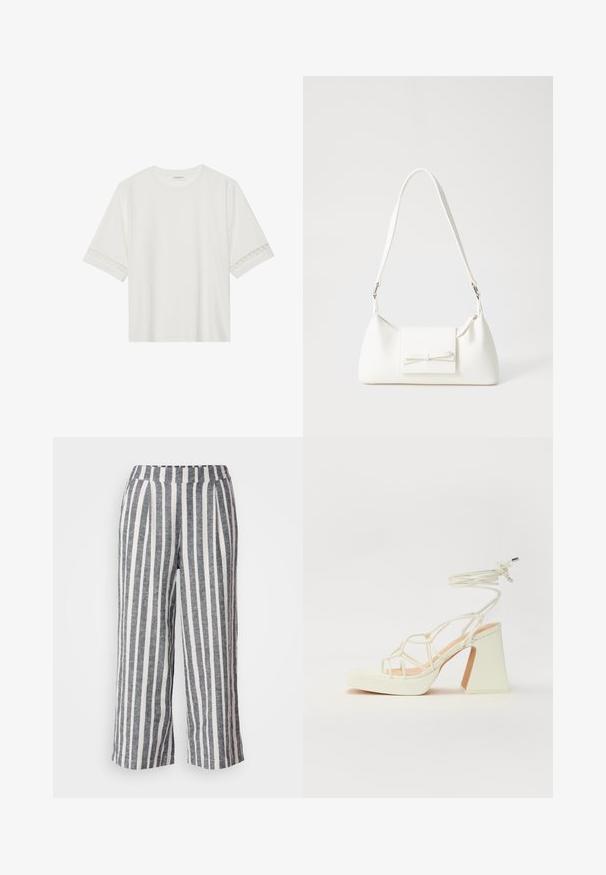 Valge lühikese varrukaga T-särk, mis on valmistatud puuvillast, kaunistatud pitsiga varrukate ääres ja ümmarguse kaelusega.; Ribadeega püksid, millel on lõdva istuvus, koosnevad kergest kangast. Omavad laiu vertikaalseid tumehalli ja valgeid riba ning elastset vööd.; Valged kõrge kontsaga sandaalid, millel on paks konts ja rihmadega disain koos pahkluu sidumisega. Sile tekstuur ja platvorm ees, et lisada kõrgust.; Valge sünteetilisest materjalist kott kolmnurkse kujuga, lame esiklapiga ja kaaredetailiga, reguleeritava rihmaga, sileda tekstuuriga ja minimalistliku disainiga.