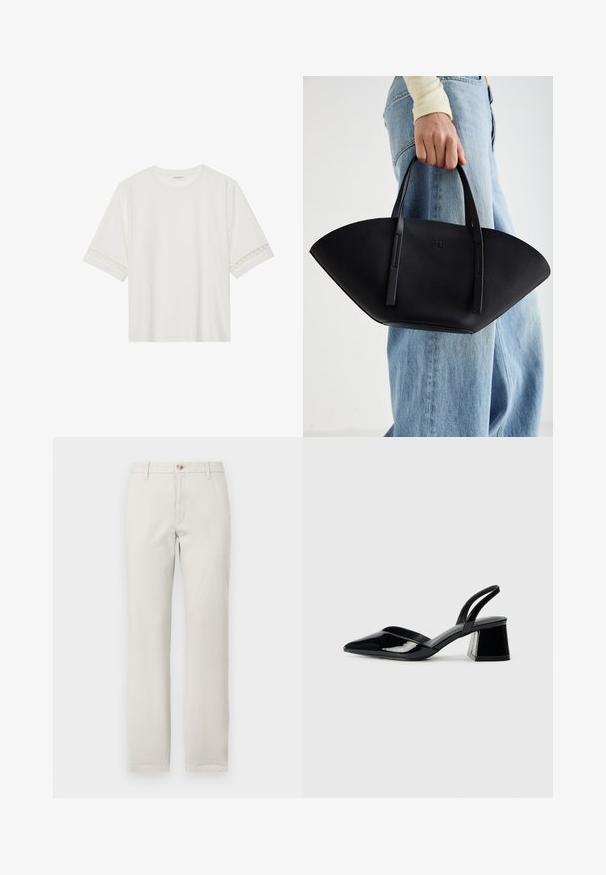 Fehér, rövid ujjas póló, pamutból készült, díszes csipkés szegéllyel az ujjak mentén és kerek nyakkivágással.; Egyenes szárú bézs nadrág övhurkokkal, elöl gombos záródással és cipzárral, sima fehér háttér előtt.; Fekete lakk bőr szandálkés magas sarkú cipő, hegyes orral és geometrikus tömbsarkakkal. Karcsú, minimalista dizájn és sima textúra jellemzi.; Fekete bőr kézitáska egyedi legyezőformával, lapos füllel. A felülete kőriszerű textúrájú és minimalista dizájnnal rendelkezik.