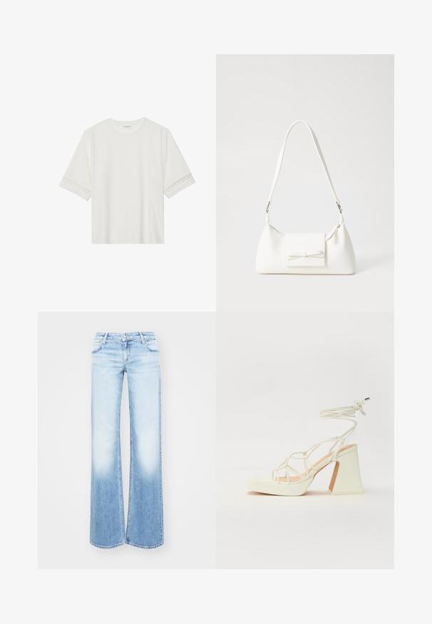 Tricou alb cu mânecă scurtă, confecționat din bumbac, cu dantelă decorativă pe marginea mânecilor și un guler rotund.; Jeans din denim albastru deschis, cu picior flared și o decolorare treptată. Prezintă un design clasic cu cinci buzunare și închidere cu buton metalic la talie.; Sandale albe cu toc înalt și gros, cu un design cu curele și legătură la gleznă. Textură netedă, cu o platformă frontală pentru înălțime suplimentară.; Geantă sintetică albă, cu formă triangulară, capac frontal plat și detaliu cu fundă, curea ajustabilă, textură netedă și design minimalist.