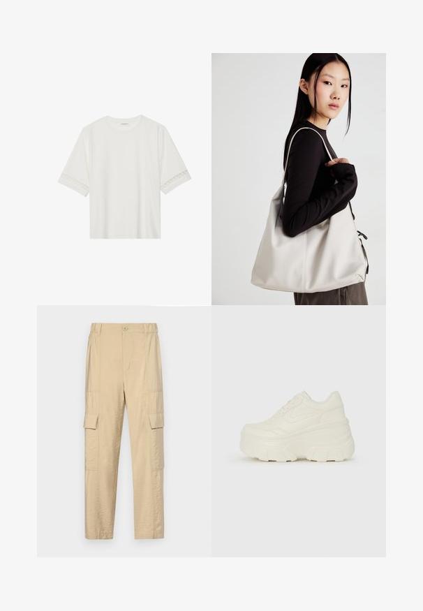 White short-sleeve t-shirt made from cotton, featuring decorative lace trim along the sleeves and a round neckline.; Beige cargo pants made of lightweight, wrinkled fabric featuring a high waistband and two side pockets with flaps on both legs.; White platform sneakers featuring a smooth leather-like upper, rounded shape, padded collar, and textured rubber sole with defined treads.; Beige handbag made of soft material, featuring a slouchy design, stitched detailing, and two shoulder straps. Suitable for everyday use.