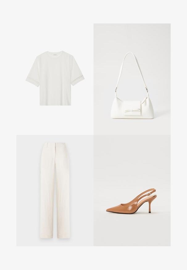 Balta trumpomis rankovėmis marškinėliai, pagaminti iš medvilnės, su dekoratyviais nėriniais aplink rankoves ir apvaliu kaklu.; Lininiai kelnės šviesiai smėlio spalvos, tiesaus kirpimo, su juosmeniu ir priekiniais raukiniais papildomam akcentui.; Pailgų smailiu pirštu slingback kulnas, pagamintas iš lygaus, blizgaus rudos spalvos medžiagos. Yra kreivų išpjovimų dizainas ir lieknas stiletto kulnas. Sidabrinė sagtis.; Balta sintetinė rankinė trikampio formos, plokščiu priekiu su užsegimu, kaspino detale, reguliuojama dirželiu, lygia tekstūra ir minimalistišku dizainu.