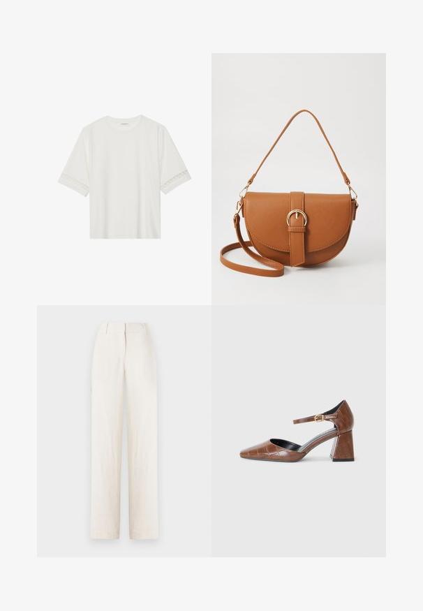 Balta īsām piedurknēm T-kreklu, izgatavotu no kokvilnas, ar dekoratīvu mežģīņu apdari ap piedurknēm un apaļu kakla izgriezumu.; Linu bikses gaisā bežā krāsā ar taisna kāju dizainu, kurām ir josta un priekšējie krokas papildu detalizācijai.; Brūni lakoti ādas apavi ar kvadrātu formas purngalu, ar teksturētu krokodila rakstu, ar potītes siksniņu un zelta sprādzi, un apaļīgu papēdi.; Brūns ādas plecu soma ar izliekta formu, zelta piederumiem un sprādzes akcentu. Iesaiņota ar noņemamu plecu siksnu.