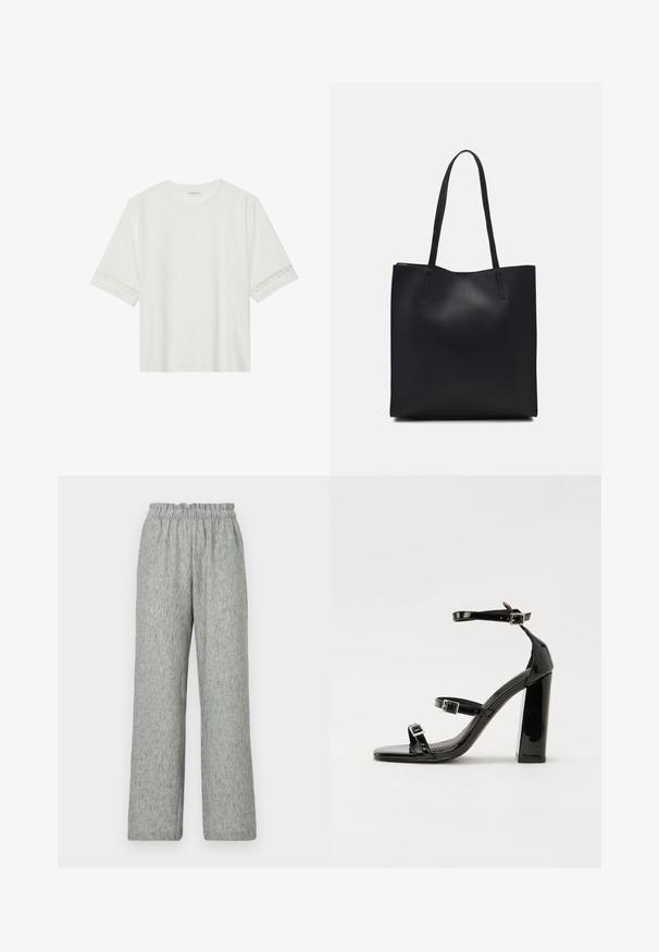 Tricou alb cu mânecă scurtă, confecționat din bumbac, cu dantelă decorativă pe marginea mânecilor și un guler rotund.; Pantaloni largi de culoare gri deschis, confecționați dintr-un material texturat, cu talie elastică. Designul are o croială lejeră, fără embellishments suplimentare.; Sandale cu toc din patent negru, cu vârf pătrat, curele la gleznă și catarame din argint. Dispune de un toc gros pentru stabilitate.; Geantă tote neagră din piele, cu textură netedă, formă rectangulară și două mânere lungi. Fără hardware vizibil sau ornamente.