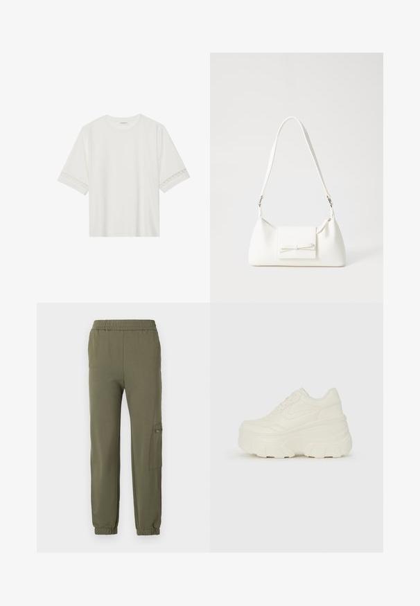 T-shirt blanc à manches courtes en coton, avec des bordures en dentelle décoratives le long des manches et un col rond.; Pantalons de jogging vert olive avec une taille élastique, des poignets fuselés et une poche cargo latérale avec un détail zip. Tissu doux et extensible.; Baskets plateformes blanches avec une tige en simili cuir lisse, une forme arrondie, un col rembourré et une semelle en caoutchouc texturé avec des crampons définis.; Sac à main synthétique blanc en forme triangulaire, avec un rabat avant plat et un détail en nœud, une bandoulière ajustable, une texture lisse et un design minimaliste.