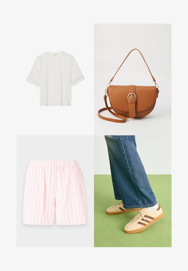 Bela kratka majica s kratkimi rokavi iz bombaža, okrašena z dekorativnim čipkastim robom ob rokavih in okroglo izrezom.; Lahki bombažni šortsi z roza in belim navpičnim črtastim vzorcem, opremljeni z elastičnim pasom za udobje in enostavno oblačenje.; Bež teniske z teksturiranimi kremnimi paneli in rjavimi črtami, v kombinaciji z modrimi kavbojkami. Kavbojke imajo široke hlačnice in raztrgan rob.; Rjava usnjena torbica prek telesa s ukrivljeno obliko, zlate opreme in sponko. Ima odstranljiv naramni trak.