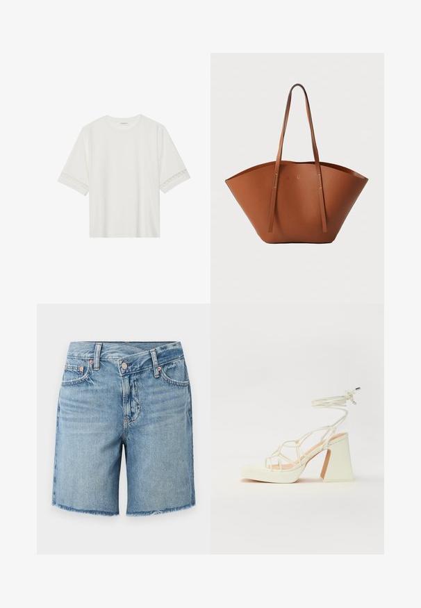 Tricou alb cu mânecă scurtă, confecționat din bumbac, cu dantelă decorativă pe marginea mânecilor și un guler rotund.; Șorturi din denim de un albastru deschis, cu un tiv desfăcut, design cu cinci buzunare și închidere clasică cu buton, având o ușoară decolorare și cusături în contrast.; Sandale albe cu toc înalt și gros, cu un design cu curele și legătură la gleznă. Textură netedă, cu o platformă frontală pentru înălțime suplimentară.; Geantă tote din piele maro, cu o formă largă și bine structurată, mânere subțiri și un finisaj texturat. Prezintă un design minimalist, fără hardware vizibil.