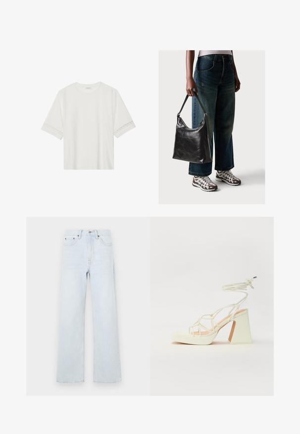 White short-sleeve t-shirt made from cotton, featuring decorative lace trim along the sleeves and a round neckline.; Light blue denim jeans with a wide-leg design, featuring a button closure, five pockets, and subtle stitching details.; White high-heeled sandal with a chunky heel, featuring a strappy design and ankle tie. Smooth texture with a platform front for added height.; Black leather shoulder bag with a smooth texture and adjustable strap, paired with faded wide-leg jeans and athletic sneakers.
