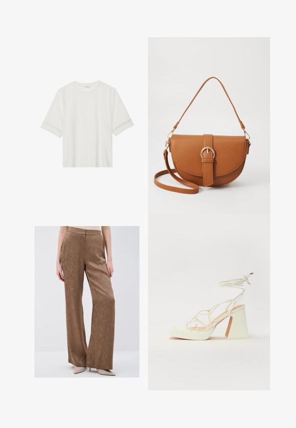 Camiseta blanca de manga corta hecha de algodón, con un ribete decorativo de encaje en las mangas y un escote redondo.; Pantalones marrones de pierna ancha hechos de una tela texturizada con un patrón sutil. Cuentan con una cinturilla suave y caen holgadamente desde las caderas.; Sandalia de tacón alto blanca con un tacón grueso, que presenta un diseño de tiras y un lazo en el tobillo. Textura suave con una plataforma en la parte delantera para mayor altura.; Bolso bandolera de cuero marrón con forma curvada, herrajes dorados y un acento de hebilla. Incluye una correa de hombro desmontable.