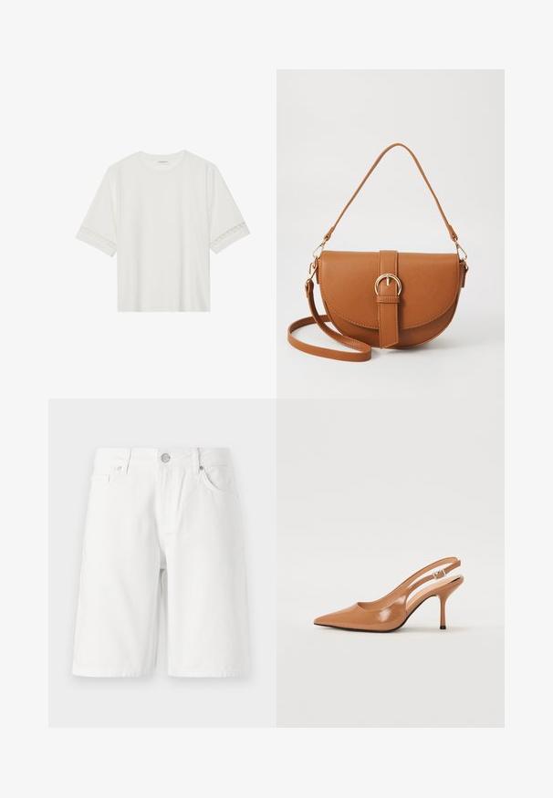 White short-sleeve t-shirt made from cotton, featuring decorative lace trim along the sleeves and a round neckline.; White denim shorts with a five-pocket design, featuring a front zipper, button closure, and straight cut. Smooth texture, knee-length.; Pointed toe slingback heel in a smooth, glossy tan material. Features a curved cutout design and a slender stiletto heel. Silver buckle detail.; Brown leather crossbody bag with a curved shape, gold hardware, and a buckle accent. Features a detachable shoulder strap.