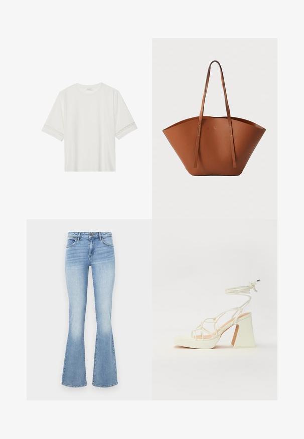 T-shirt blanc à manches courtes en coton, avec des bordures en dentelle décoratives le long des manches et un col rond.; Jeans évasés bleu clair en denim. Comprend un design traditionnel à cinq poches et une fermeture éclair avec bouton. Effet décoloré sur les cuisses.; Sandale blanche à talons hauts avec un talon épais, présentant un design à lanières et un lien autour de la cheville. Texture lisse avec une plateforme à l'avant pour une hauteur supplémentaire.; Sac fourre-tout en cuir marron avec une forme large et structurée, des poignées fines et une finition texturée. Présente un design minimaliste sans matériel visible.