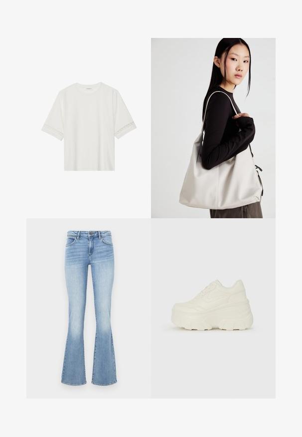 Witte korte mouwen t-shirt van katoen, met een decoratieve kantafwerking langs de mouwen en een ronde halslijn.; Lichtblauwe flared jeans van denim. Beschikt over een traditionele vijf-pocketontwerp en een rits met een knoopsluiting. Vervaagde effecten op de dijen.; Witte platform sneakers met een gladde leren bovenkant, afgeronde vorm, gewatteerde kraag en een gestructureerde rubberen zool met duidelijke profiel.; Beige handtas gemaakt van zacht materiaal, met een slonzig ontwerp, gestikte details en twee schouderbanden. Geschikt voor dagelijks gebruik.