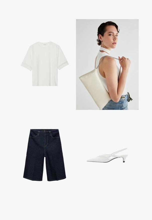 Bílé tričko s krátkým rukávem vyrobené z bavlny, s dekorativní krajkovou aplikací na rukávech a kulatým výstřihem.; Tmavě modré denimové bermudy se volným střihem, dvěma předními kapsami, žlutým prošíváním a pasem s poutky na opasek.; Bílé slingback podpatky se špičatou špičkou, s hladkým svrškem, jemnými výřezy a nízkým blokovým podpatkem. Černá podrážka zvýrazňuje design.; Bílá obdélníková psaníčko vyrobené z lesklého materiálu, se stříbrným řetízkovým popruhem. Modelka pózuje a předvádí tašku na jednobarevném pozadí.