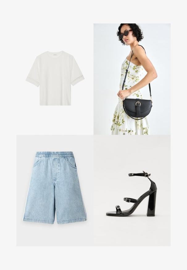 Witte korte mouwen t-shirt van katoen, met een decoratieve kantafwerking langs de mouwen en een ronde halslijn.; Lichtblauwe denim shorts met een elastische taille, zijzakken en witte zijstrepen, met een relaxte pasvorm en een soepele textuur.; Zwarte gepatenteerde sandalen met hak en een vierkante neus, enkelbandjes en zilveren gespen. Heeft een stevige blokhak voor stabiliteit.; Zwarte leren handtas met een gebogen vorm, afneembare schouderband en gouden hardware. De tas heeft een klep met een gespsluiting.