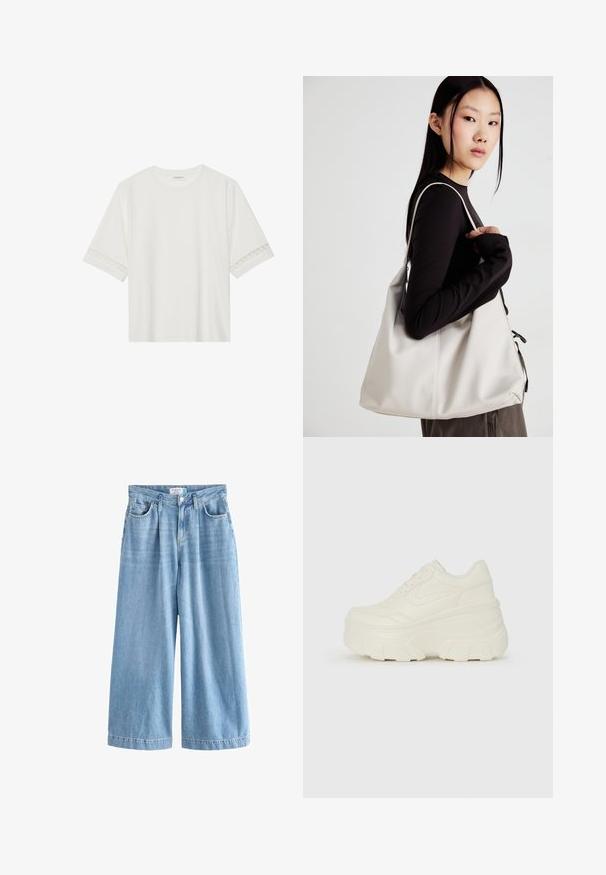 Fehér, rövid ujjas póló, pamutból készült, díszes csipkés szegéllyel az ujjak mentén és kerek nyakkivágással.; Világoskék farmerszövet palazzo farmernadrág széles szárakkal, magas derekú, elülső zsebekkel és gombos zárással. Finoman elhalványodott textúra.; Fehér platform sportcipők, sima bőrszerű felsőrésszel, kerek formával, párnázott bokával és texturált gumitalppal, jól definiált mintázattal.; Puha anyagból készült bézs kézitáska, laza dizájnnal, varrott részletekkel és két vállpánttal. Mindennapi használatra alkalmas.