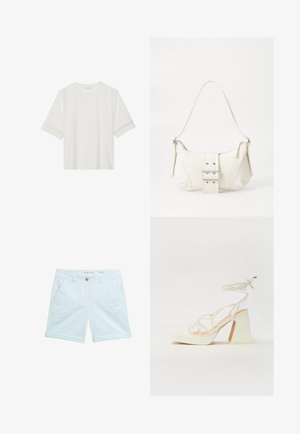 Balta īsām piedurknēm T-kreklu, izgatavotu no kokvilnas, ar dekoratīvu mežģīņu apdari ap piedurknēm un apaļu kakla izgriezumu.; Gaiši zili šorti no chino auduma ar sarullētu apakšmalu, ar divām sānu kabatām un priekšējo pogu aizdari. Izgatavoti no elpojoša materiāla.; Baltas augstpapēžu sandales ar masīvu papēdi, ar siksnu dizainu un potītes saistītiem elementiem. Gluda tekstūra ar platformu priekšpusē, lai nodrošinātu papildu augstumu.; Balts plecu soma ar teksturētu apdari, centrālu sprādzi un izliekta forma. Ražota ar rāvējslēdzēja aizdares abās pusēs.