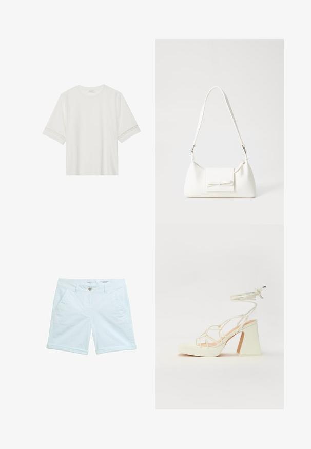 Fehér, rövid ujjas póló, pamutból készült, díszes csipkés szegéllyel az ujjak mentén és kerek nyakkivágással.; Világoskék chino rövidnadrág, felgöngyölt szegéllyel, két oldalsó zsebbel és elöl gombos záródással. Lélegző anyagból készült.; Fehér, magassarkú szandál vastag sarokkal, pántos dizájnnal és bokapánttal. Sima textúra, elülső platformmal a megnövelt magasság érdekében.; Fehér szintetikus kézitáska, háromszög alakú, lapos előlap, masni részlettel, állítható pánttal, sima textúrával és minimalista dizájnnal.
