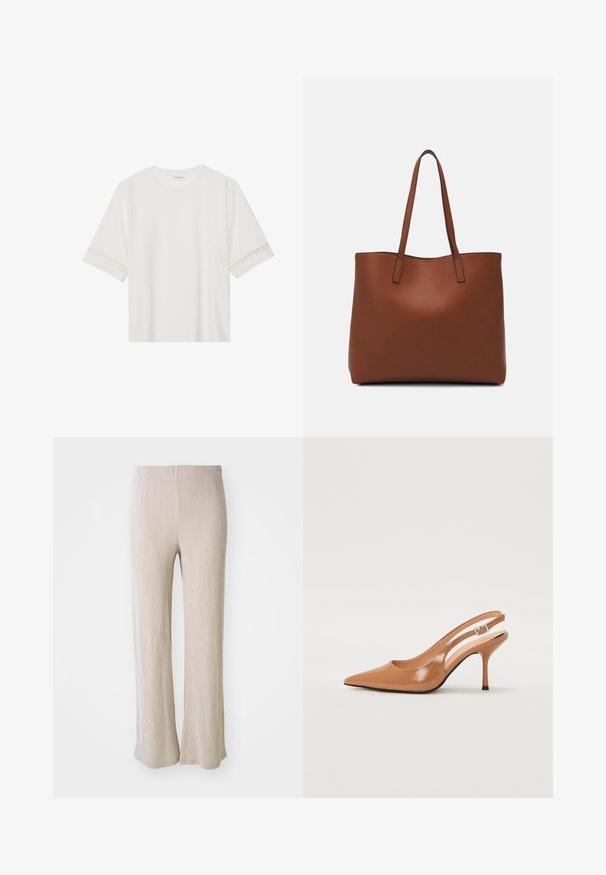 Hvid kortærmet t-shirt lavet af bomuld, med dekorativ blondekant langs ærmerne og en rund halsudskæring.; Beige, vide bukser lavet af tekstureret stof med lodrette striber. Har en elastisk talje og en afslappet pasform hele vejen ned ad benet.; Spids tå slingback hæl i et glat, blankt tan materiale. Har et buet udskæring design og en slank stiletto hæl. Sølv spænde detalje.; Brun læder tote taske med en glat overflade, åben topdesign og to skulderremme. Har minimal syning og ingen synlig hardware.