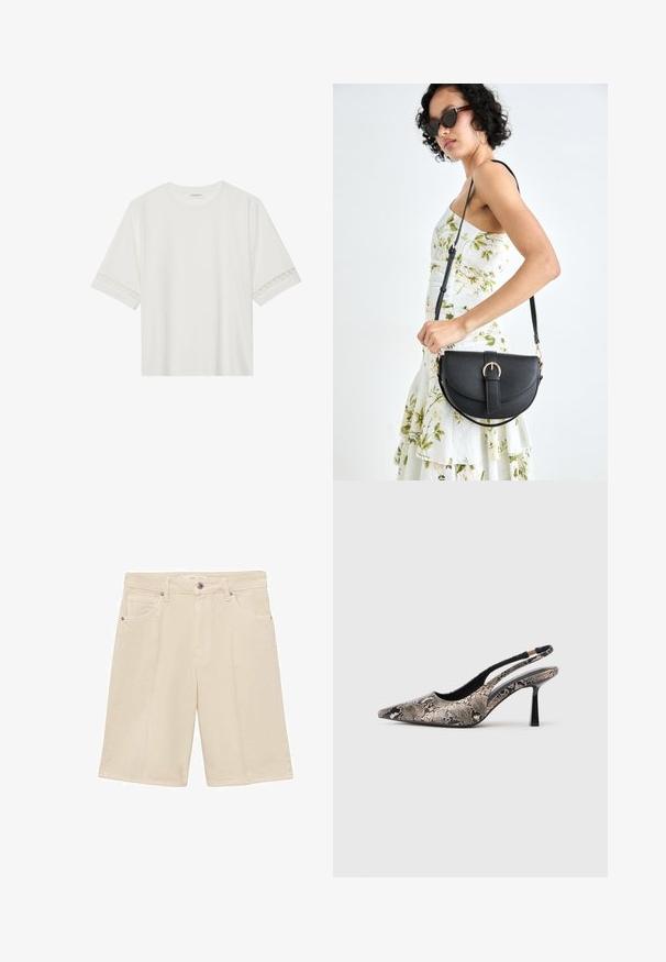 Biele tričko s krátkym rukávom vyrobené z bavlny, s dekoratívnym čipkovým lemovaním pozdĺž rukávov a okrúhlym výstrihom.; Béžové bavlnené šortky so zipsom a gombíkovým zapínaním. Majú päť vreciek a diskrétne prešívanie. Štandardný strih a dĺžka po kolená.; Špicaté slingback topánky vyrobené z textúrovaného hadieho vzoru, s tenkým čiernym podpätkom a výrezovým dizajnom na stranách.; Čierna kožená kabelka s zaobleným tvarom, odnímateľným popruhom a zlatými doplnkami. Kabelka má klopu s detailom s prackou.