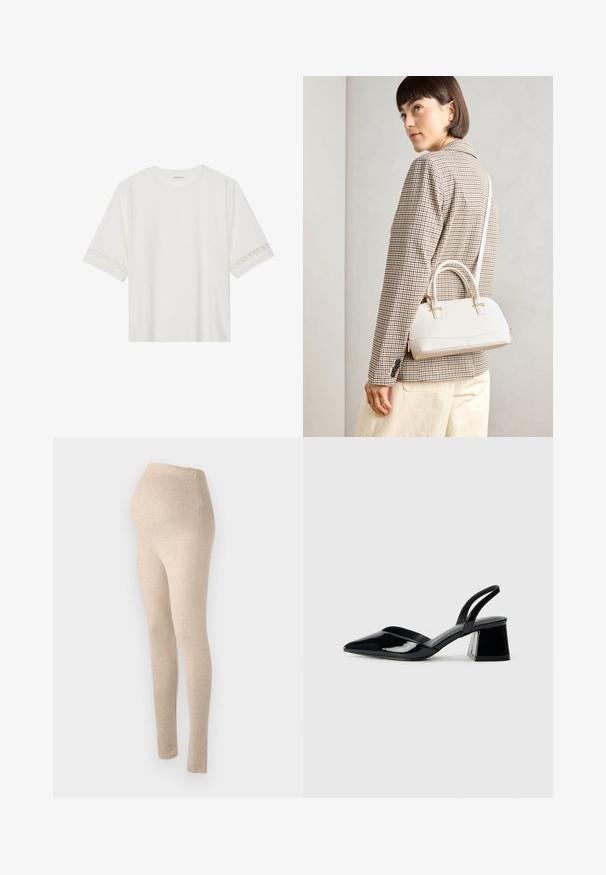 White short-sleeve t-shirt made from cotton, featuring decorative lace trim along the sleeves and a round neckline.; Beige maternity leggings with a high waistband, made of soft, stretchy fabric, featuring a fitted design and smooth texture.; Black patent leather slingback heels with a pointed toe and a geometric block heel. Features a sleek, minimal design and smooth texture.; White structured handbag with short handles and a shoulder strap, featuring gold hardware accents and textured material, displayed against a grey background.