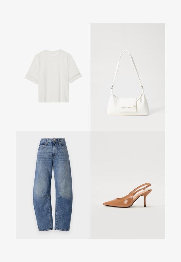 Fehér, rövid ujjas póló, pamutból készült, díszes csipkés szegéllyel az ujjak mentén és kerek nyakkivágással.; Magas derekú kék farmernadrág, laza fazonnal, klasszikus öt zsebes kialakítással és a varrás mentén látható öltésekkel.; Fingerszűk, hegyes orrú, háttámlás sarokcipő sima, fényes barnás anyagból. Íves kivágású dizájn és karcsú stiletto sarkú. Ezüst csattal ellátva.; Fehér szintetikus kézitáska, háromszög alakú, lapos előlap, masni részlettel, állítható pánttal, sima textúrával és minimalista dizájnnal.