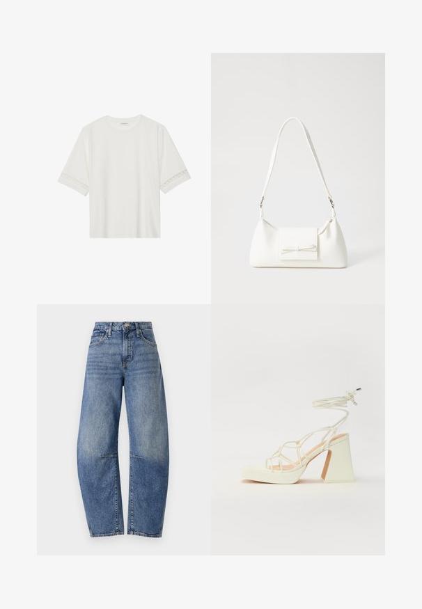 Valkoinen lyhythihainen t-paita, joka on valmistettu puuvillasta ja jossa on koristeellinen pitsireunus hihojen ympärillä sekä pyöreä pääntie.; Korkeavyötäröiset siniset farkut, joissa on rento malli, perinteinen viiden taskun muotoilu ja näkyvät saumat.; Valkoinen korkokenkä, jossa on paksu korko, ja joka sisältää nauhakiinnityksen ja nilkkaketjun. Sujuva pinta, jossa on platform-etupohja lisäkorkeutta varten.; Valkoinen synteettinen käsilaukku, jossa on kolmikulmainen muoto, tasainen etu läppä ja nauhadetail, säädettävä olkahihna, sileä rakenne ja minimalinen muotoilu.