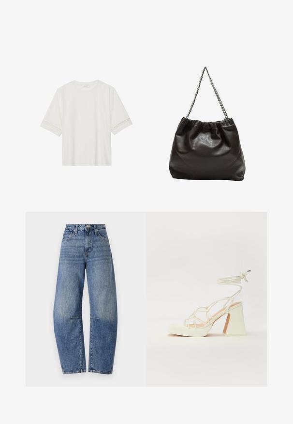 Biele tričko s krátkym rukávom vyrobené z bavlny, s dekoratívnym čipkovým lemovaním pozdĺž rukávov a okrúhlym výstrihom.; Džínsy s vysokým pásom v modrej farbe a voľným strihom, s klasickým dizajnom piatich vreciek a viditeľným prešívaním pozdĺž švov.; Biele sandále na vysokom opätku s hrubým podpätkom, s pruhovaným dizajnom a viazaním na členku. Hladký povrch s platformou vpredu pre zvýšenú výšku.; Hnedá kožená taška so zberaným vrchom a reťazovým popruhom. Hladký povrch s lesklým finišom a jemným švom po stranách.