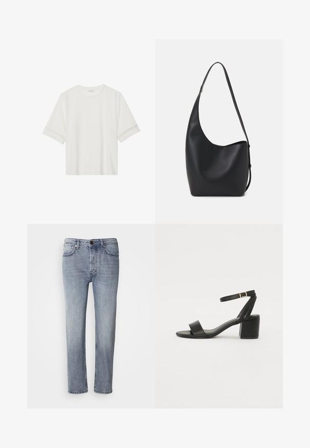 Fehér, rövid ujjas póló, pamutból készült, díszes csipkés szegéllyel az ujjak mentén és kerek nyakkivágással.; Világoskék farmernadrág, laza szabással, egyenes lábszárral és finom kopásokkal. Elöl gombos záródással és öt zsebbel rendelkezik a praktikum érdekében.; Fekete magassarkú szandál sima bőr felső résszel, nyitott orral, széles elülső pántokkal és állítható bokapánttal, arany csat részlettel.; Fekete bőr hobo táska sima textúrával, ívelt formával és egyetlen állítható pánttal; széles nyílás található a tetején.