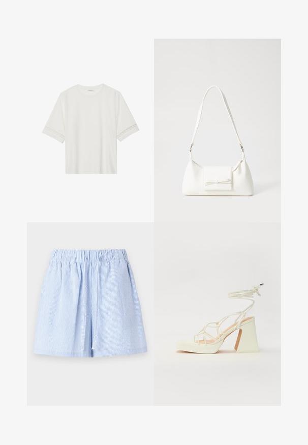 Valkoinen lyhythihainen t-paita, joka on valmistettu puuvillasta ja jossa on koristeellinen pitsireunus hihojen ympärillä sekä pyöreä pääntie.; Vaaleansiniset raidalliset shortsit, joissa on elastinen vyötärö ja narutiedot. Valmistettu pehmeästä kankaasta, jossa on rento istuvuus ja pleatattu muotoilu.; Valkoinen korkokenkä, jossa on paksu korko, ja joka sisältää nauhakiinnityksen ja nilkkaketjun. Sujuva pinta, jossa on platform-etupohja lisäkorkeutta varten.; Valkoinen synteettinen käsilaukku, jossa on kolmikulmainen muoto, tasainen etu läppä ja nauhadetail, säädettävä olkahihna, sileä rakenne ja minimalinen muotoilu.