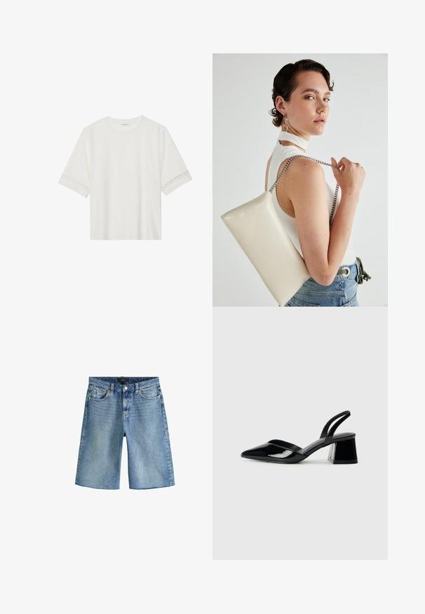 Balta īsām piedurknēm T-kreklu, izgatavotu no kokvilnas, ar dekoratīvu mežģīņu apdari ap piedurknēm un apaļu kakla izgriezumu.; Next REGULAR FIT - Džinsa auduma šorti - dark blue; Melna lakota āda ar atvērto papēdi, ar smailu purngalu un ģeometrisku blokpapēdi. Iezīmējas elegants, minimāls dizains un gluda tekstūra.; Balts taisnstūra clutch soma, izgatavota no spīdīga materiāla, ar sudraba ķēdes siksnu. Modelis pozē, demonstrējot somu uz vienkārša fona.