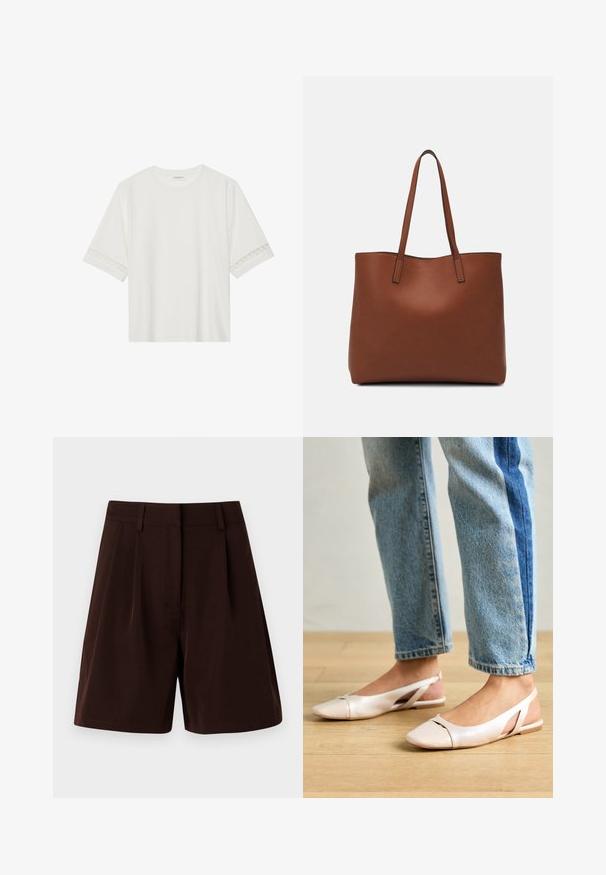 Balta īsām piedurknēm T-kreklu, izgatavotu no kokvilnas, ar dekoratīvu mežģīņu apdari ap piedurknēm un apaļu kakla izgriezumu.; Brūni šorti ar pielāgotu dizainu un krokām, izgatavoti no gludas auduma. Pabeigti ar jostasvietu un bez redzamām kabatām.; Bālti rozā siksniņu dzīvokļi ar smailu purngalu, izgatavoti no gludas ādas līdzīgās materiāla. Iezīmē izgriezumu detaļas sānos un platu papēdi.; Brūna ādas iepirkumu soma ar gludu tekstūru, atvērta augšdaļa un divas plecu siksnas. Izceļas ar minimālām šuvēm un redzamu aparatūru nav.