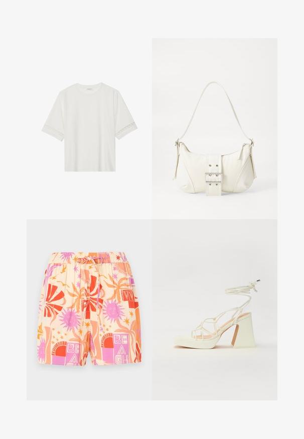 Balta īsām piedurknēm T-kreklu, izgatavotu no kokvilnas, ar dekoratīvu mežģīņu apdari ap piedurknēm un apaļu kakla izgriezumu.; Viegls audums šortus ar krēmveida pamatu, kas izceļas ar drosmīgiem rakstiem oranžā, rozā un violetā krāsā, ar elastīgu jostasvietu un auklu.; Baltas augstpapēžu sandales ar masīvu papēdi, ar siksnu dizainu un potītes saistītiem elementiem. Gluda tekstūra ar platformu priekšpusē, lai nodrošinātu papildu augstumu.; Balts plecu soma ar teksturētu apdari, centrālu sprādzi un izliekta forma. Ražota ar rāvējslēdzēja aizdares abās pusēs.