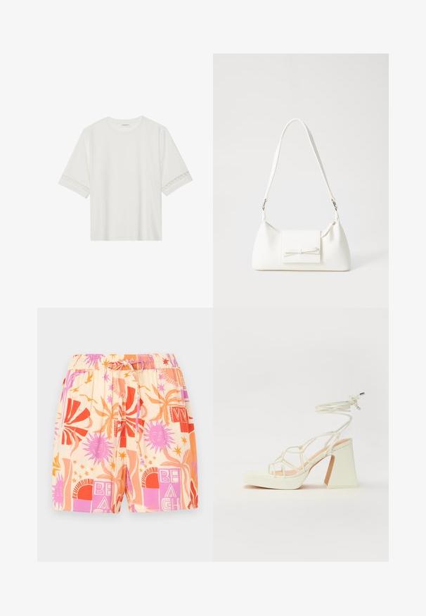 Bela kratka majica s kratkimi rokavi iz bombaža, okrašena z dekorativnim čipkastim robom ob rokavih in okroglo izrezom.; Lahkično tkaninske kratke hlače s kremasto osnovo, ki vsebujejo drzne vzorce v oranžni, roza in vijolični barvi, s elastičnim pasom in vrvico.; Bela sandala na visokih petah s debelim petam, ki ima obliko trakcev in vezanje okoli gležnja. Gladka tekstura z platformo spredaj za dodatno višino.; Bela sintetična torbica v obliki trikotnika, z ravnim sprednjim poklopcem in detajlom mašne, nastavljivim trakom, gladko teksturo in minimalističnim dizajnom.