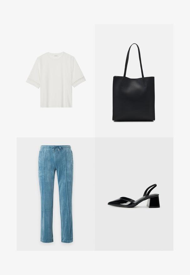 Bela kratka majica s kratkimi rokavi iz bombaža, okrašena z dekorativnim čipkastim robom ob rokavih in okroglo izrezom.; Svetlo modri meki sametasti hlače z elastičnim pasom in vrvico, ki imajo dve stranski žepi in sprednje obrobe.; Črne lakirane slingback pete s koničastim nosom in geometrijsko blokasto peto. Imajo eleganten, minimalističen dizajn in gladko teksturo.; Črna usnjena torba s svilnato teksturo, pravokotne oblike in dvema dolgima ročajema. Brez vidnih metalnih delov ali okrasnih elementov.