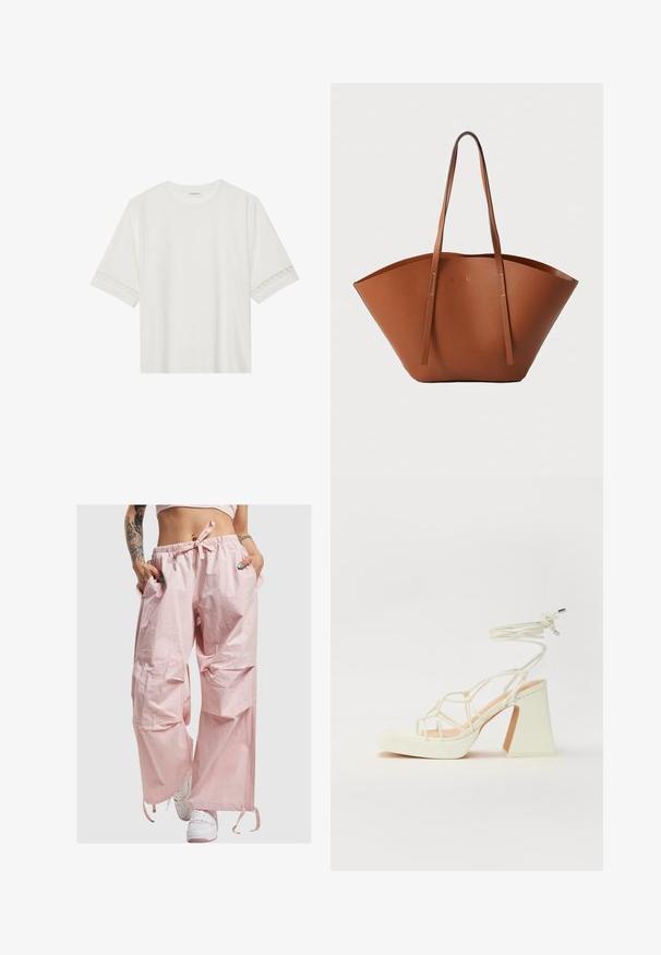 Valge lühikese varrukaga T-särk, mis on valmistatud puuvillast, kaunistatud pitsiga varrukate ääres ja ümmarguse kaelusega.; Roosa, kerge, ülemereline püksid elastse vöökoha, lipsu detaili ja küljetaskutega. Sile tekstuur minimaalsete brändi aktsentidega.; Valged kõrge kontsaga sandaalid, millel on paks konts ja rihmadega disain koos pahkluu sidumisega. Sile tekstuur ja platvorm ees, et lisada kõrgust.; Pruunist nahast kott, millel on lai ja struktureeritud kuju, õhukesed sangad ja tekstureeritud viimistlus. Omab minimalistlikku disaini, kus ei ole nähtavat riistvara.