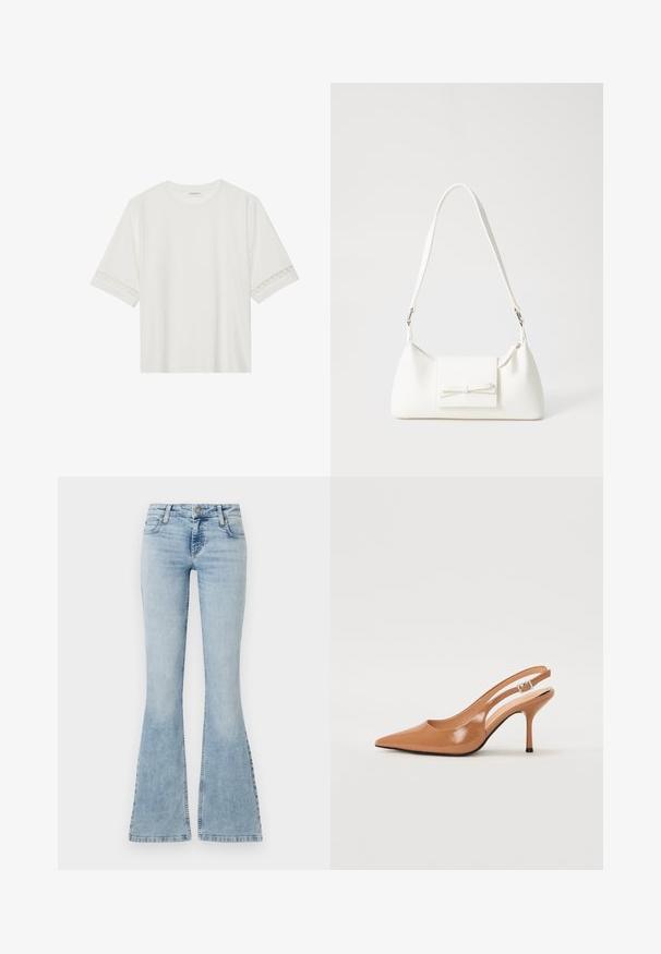 T-shirt branco de manga curta feito de algodão, com bainha de renda decorativa nas mangas e decote redondo.; Jeans flare de denim azul claro com cintura média, cinco bolsos e detalhes em costura ao longo das costuras, apresentando um fecho de botão de metal.; Sandal com bico fino e tacão slingback em um material liso e brilhante na cor tan. Apresenta um design de recorte curvo e um tacão alto e esbelto. Detalhe de fivela prateada.; Mala sintética branca com formato triangular, aba frontal plana e detalhe de laço, alça ajustável, textura suave e design minimalista.