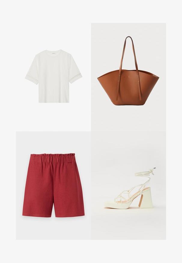 T-shirt blanc à manches courtes en coton, avec des bordures en dentelle décoratives le long des manches et un col rond.; Shorts rouges avec une taille élastique, offrant une coupe décontractée et une texture en coton lisse. Les ourlets sont droits sans motifs ni accents visibles.; Sandale blanche à talons hauts avec un talon épais, présentant un design à lanières et un lien autour de la cheville. Texture lisse avec une plateforme à l'avant pour une hauteur supplémentaire.; Sac fourre-tout en cuir marron avec une forme large et structurée, des poignées fines et une finition texturée. Présente un design minimaliste sans matériel visible.
