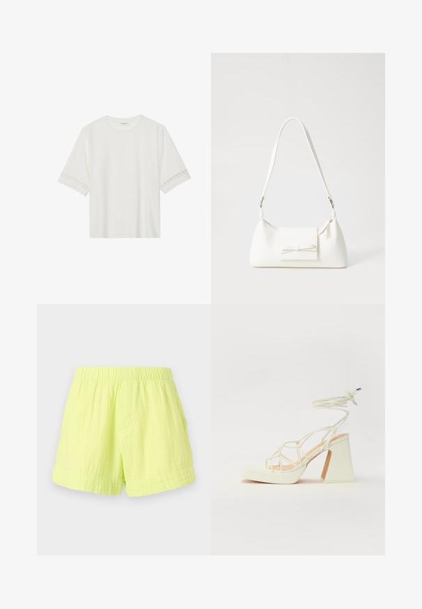 T-shirt blanc à manches courtes en coton, avec des bordures en dentelle décoratives le long des manches et un col rond.; Shorts vert lime en tissu léger et texturé, avec une taille élastique et une poche latérale unique. Pas de fermetures visibles.; Sandale blanche à talons hauts avec un talon épais, présentant un design à lanières et un lien autour de la cheville. Texture lisse avec une plateforme à l'avant pour une hauteur supplémentaire.; Sac à main synthétique blanc en forme triangulaire, avec un rabat avant plat et un détail en nœud, une bandoulière ajustable, une texture lisse et un design minimaliste.