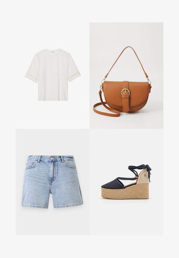 T-shirt blanc à manches courtes en coton, avec des bordures en dentelle décoratives le long des manches et un col rond.; Shorts en jean bleu clair avec taille haute, design standard à cinq poches et ourlet effiloché. Fabriqués en coton avec une finition délavée.; Sandales à wedge en toile bleu marine avec des sangles croisées, semelle intermédiaire en jute tressé et un talon tan contrastant avec un accent de logo.; Sac bandoulière en cuir marron avec une forme incurvée, quincaillerie dorée et un accent en boucle. Comprend une bandoulière détachable.