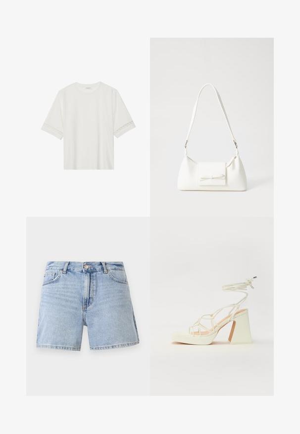 Bjela majica kratkih rukava od pamuka, s dekorativnom čipkastom obrubom duž rukava i okruglim izrezom.; Svijetloplave traper kratke hlače s visokim strukom, standardnim dizajnom s pet džepova i oštećenim rubom. Izrađene od pamuka s izblijedjelim završetkom.; Bijela sandala na visokoj potpetici s debelim petom, s remenom i vezanjem oko gležnja. Glatka tekstura s platformom sprijeda za dodatnu visinu.; Bijela sintetička torbica s trokutastim oblikom, ravnim prednjim poklopcem i detaljem u obliku mašne, podesivom remenom, glatkom teksturom i minimalističkim dizajnom.