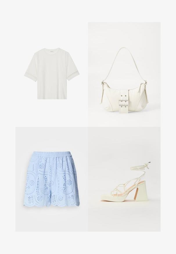 Hvit t-skjorte med kort erme laget av bomull, med dekorativ blondekant langs ermene og en rund halslinning.; Lys blå, bomullsshorts med broderte utskårne mønstre, elastisk midje og bølget kant. Har blomster- og bladdesign.; Hvit høyhælte sandal med kraftig hæl, med en stroppe-design og ankelbånd. Glatt tekstur med plattform foran for ekstra høyde.; Hvit skulderveske med teksturert overflate, sentral spennefokus og buet form. Glidelåslukking på begge sider.