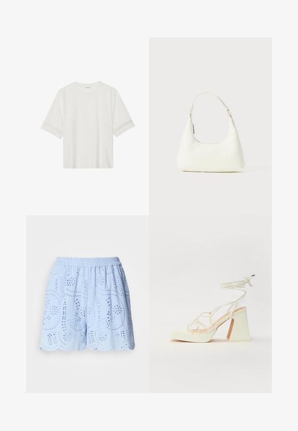 Biała, krótka koszulka z bawełny z dekoracyjnym koronkowym wykończeniem przy rękawach i okrągłym dekoltem.; Jasnoniebieskie szorty bawełniane z haftowanymi wzorami wyciętymi, elastycznym pasem i falbaniastym wykończeniem. Zawierają wzory kwiatowe i liściaste.; Biała sandał na wysokim obcasie z masywnym słupkiem, z paskowym wzorem i wiązaniem przy kostce. Gładka faktura z platformą z przodu dla dodatkowej wysokości.; Mała biała torba na ramię z jednym regulowanym paskiem i zamknięciem na zamek, na jednolitym białym tle.